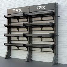 TRX anchored double storage bay with metal shelves.