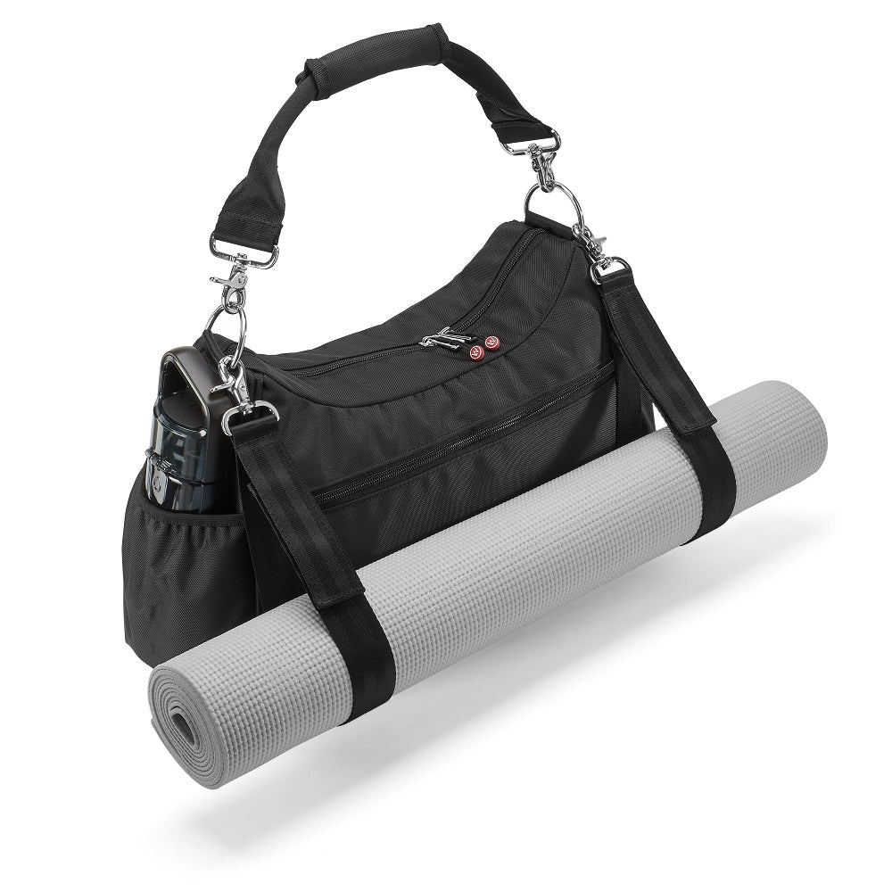 Black gym tote bag with rolled yoga mat attached.