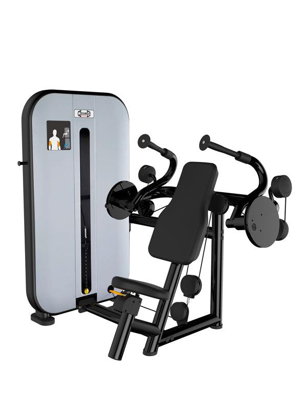 Tricep extension gym machine with padded seat and weight stack.