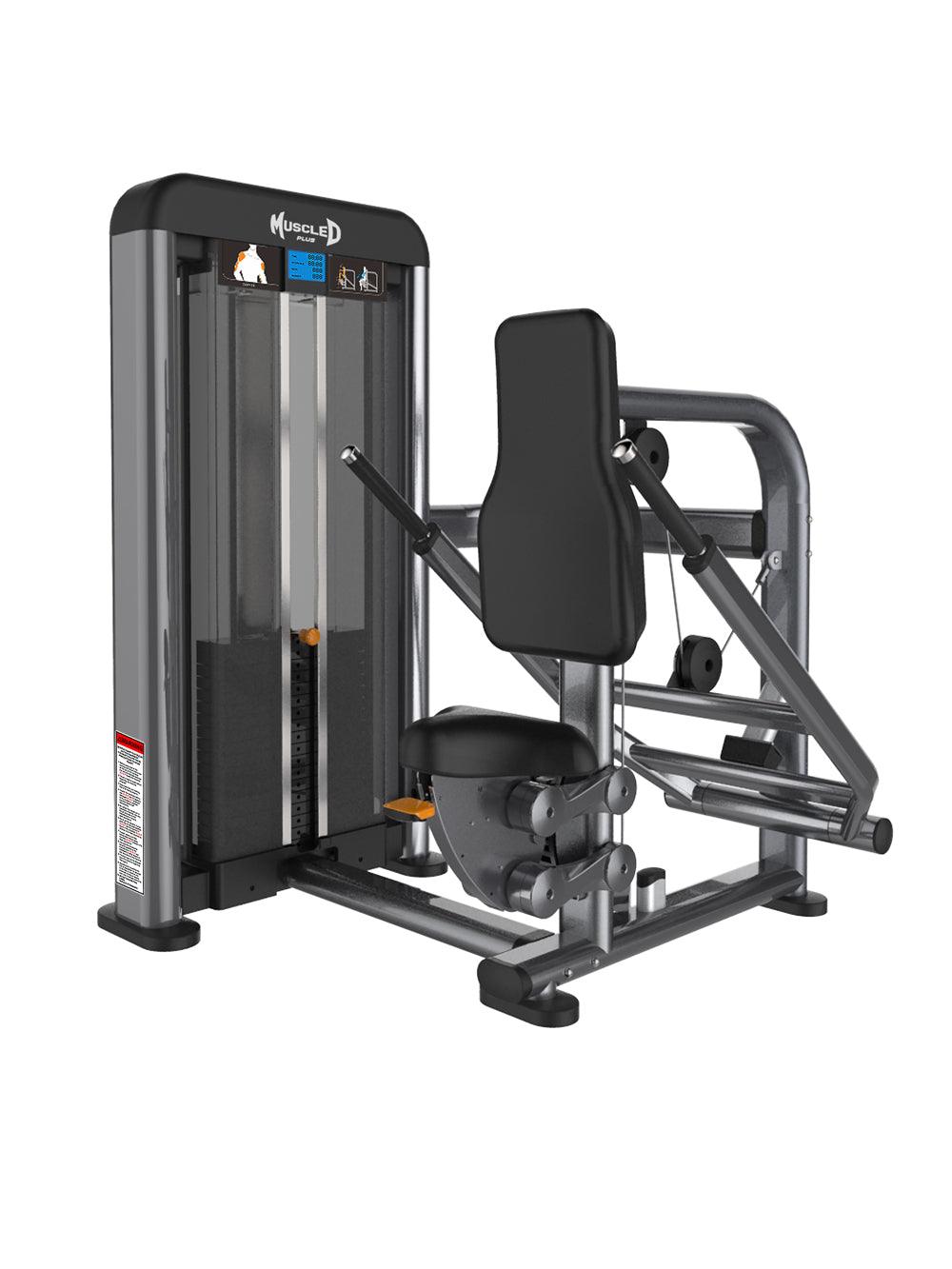 Tricep press machine with padded seat and backrest and weight stack system.