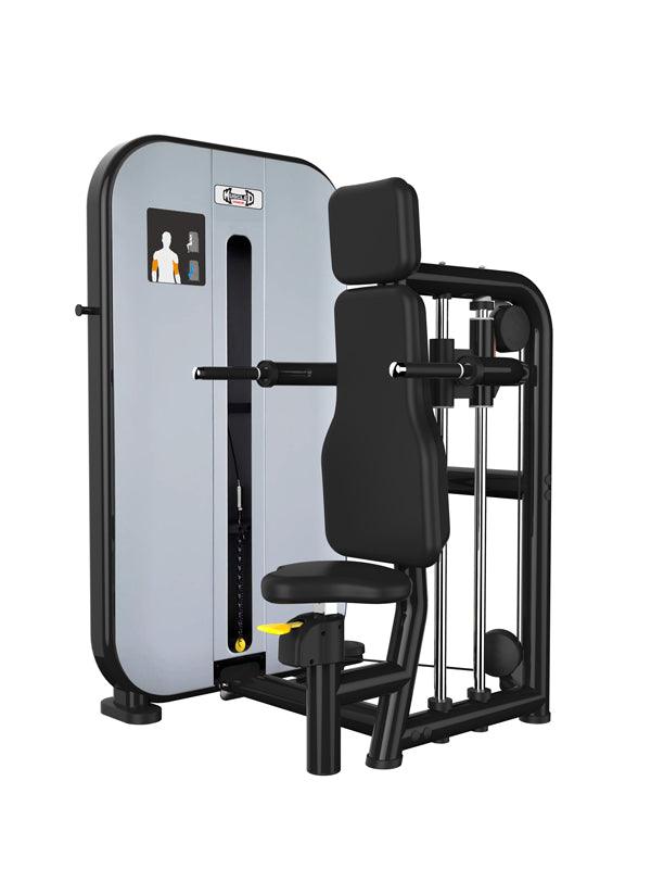 Tricep press machine with padded seat and backrest.