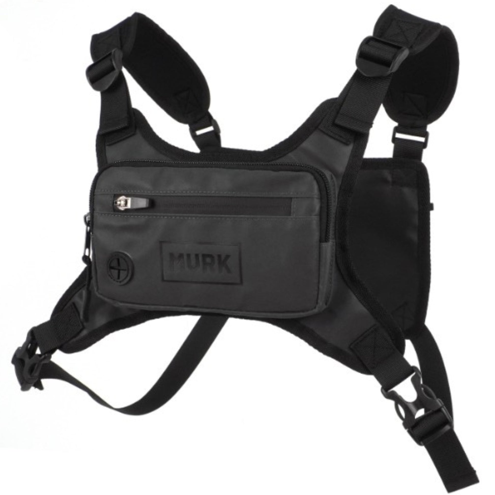 Black tactical chest bag with padded straps and front zip pocket, MVRK logo.