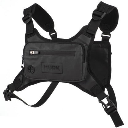 Black tactical chest bag with padded straps and front zip pocket, MVRK logo.