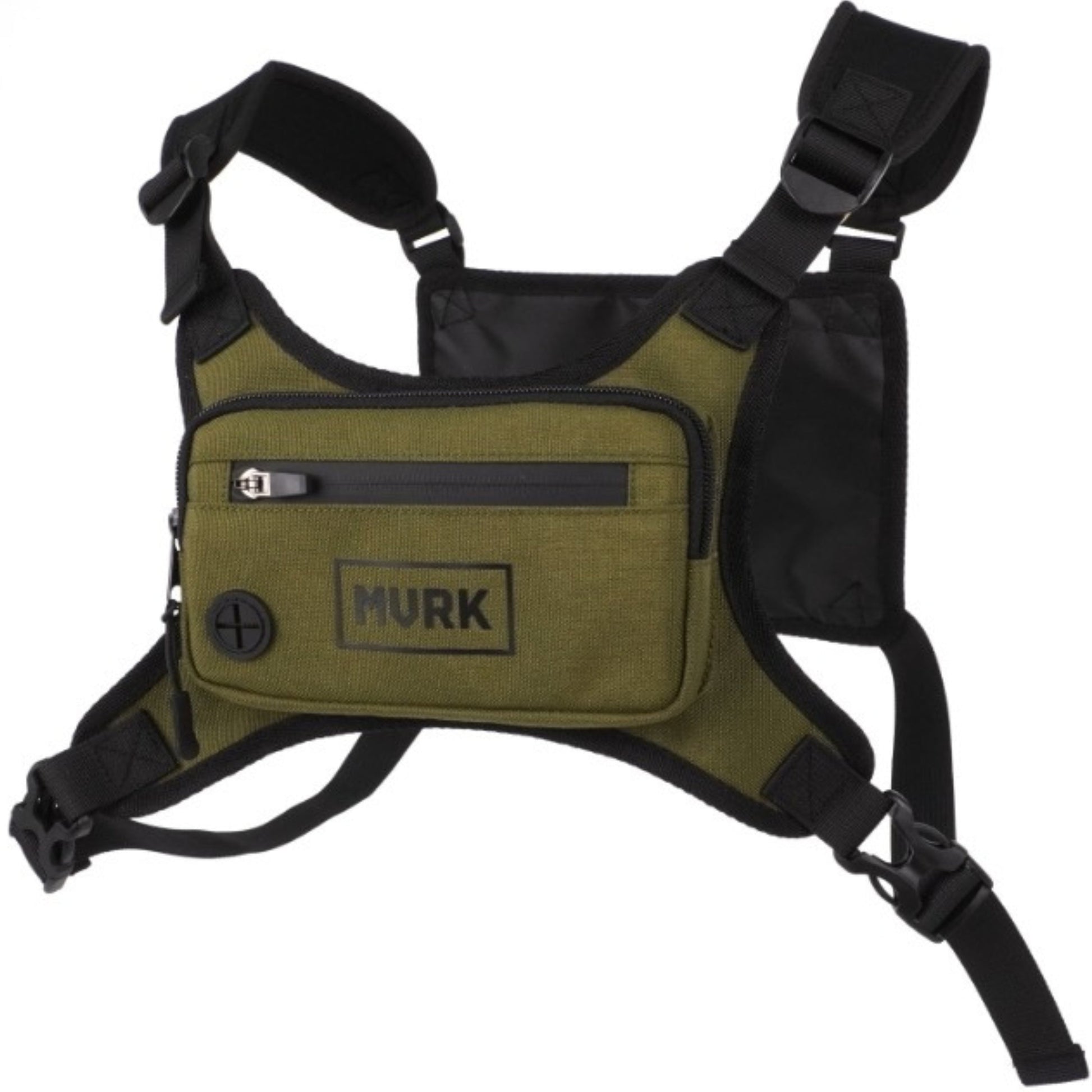Olive green MVRK chest rig with front pocket and black straps.
