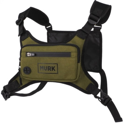 Olive green MVRK chest rig with front pocket and black straps.