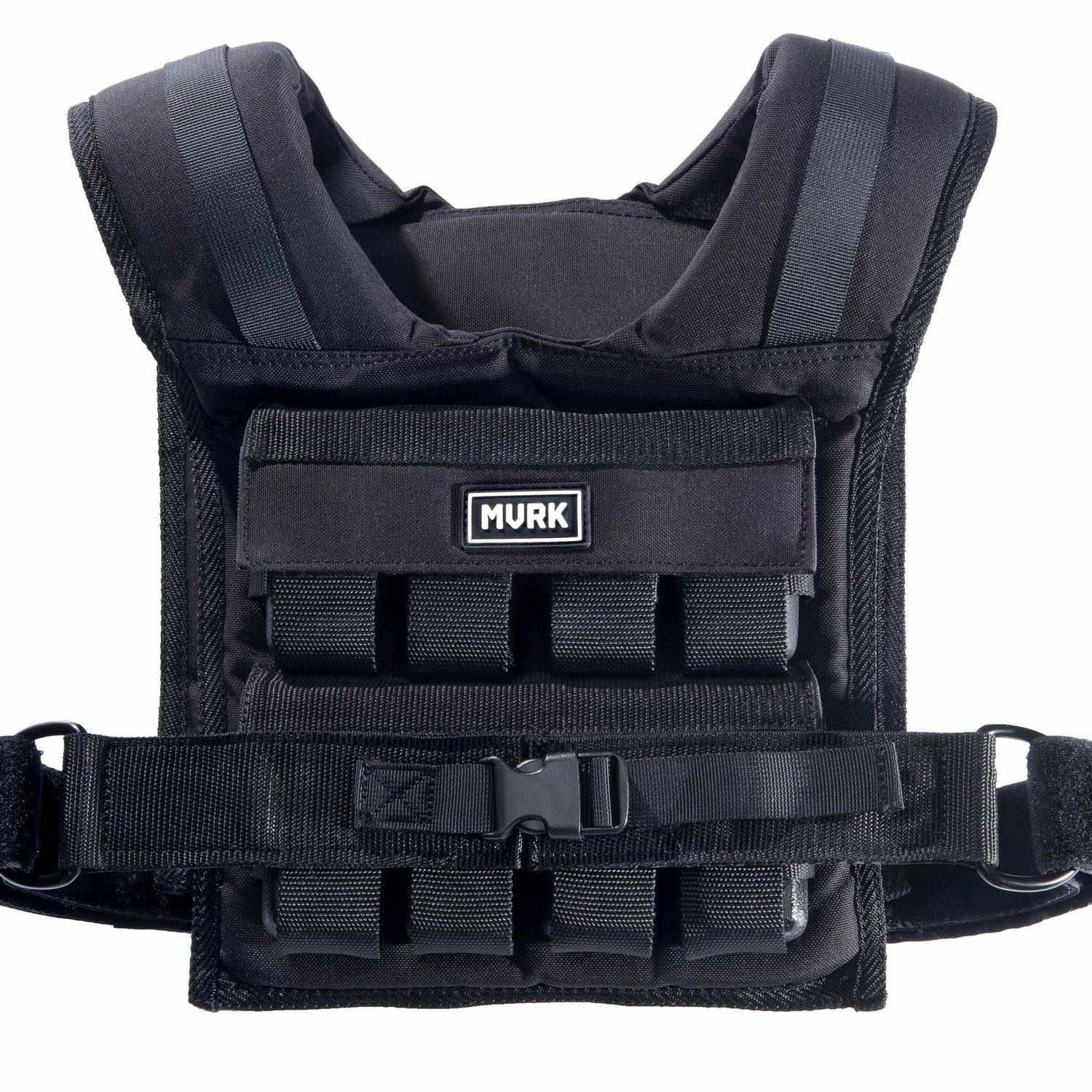 Black tactical vest with MOLLE straps and front pouch.