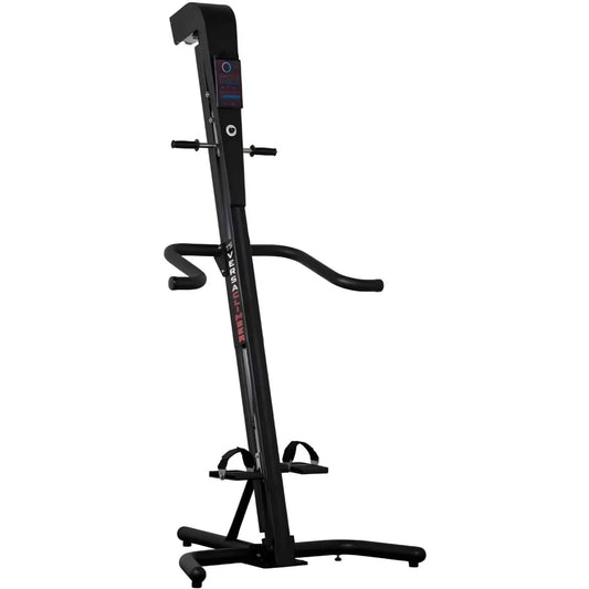 VersaClimber TS Magnetic – black vertical climber mockup front view with touchscreen console and magnetic resistance drivetrain