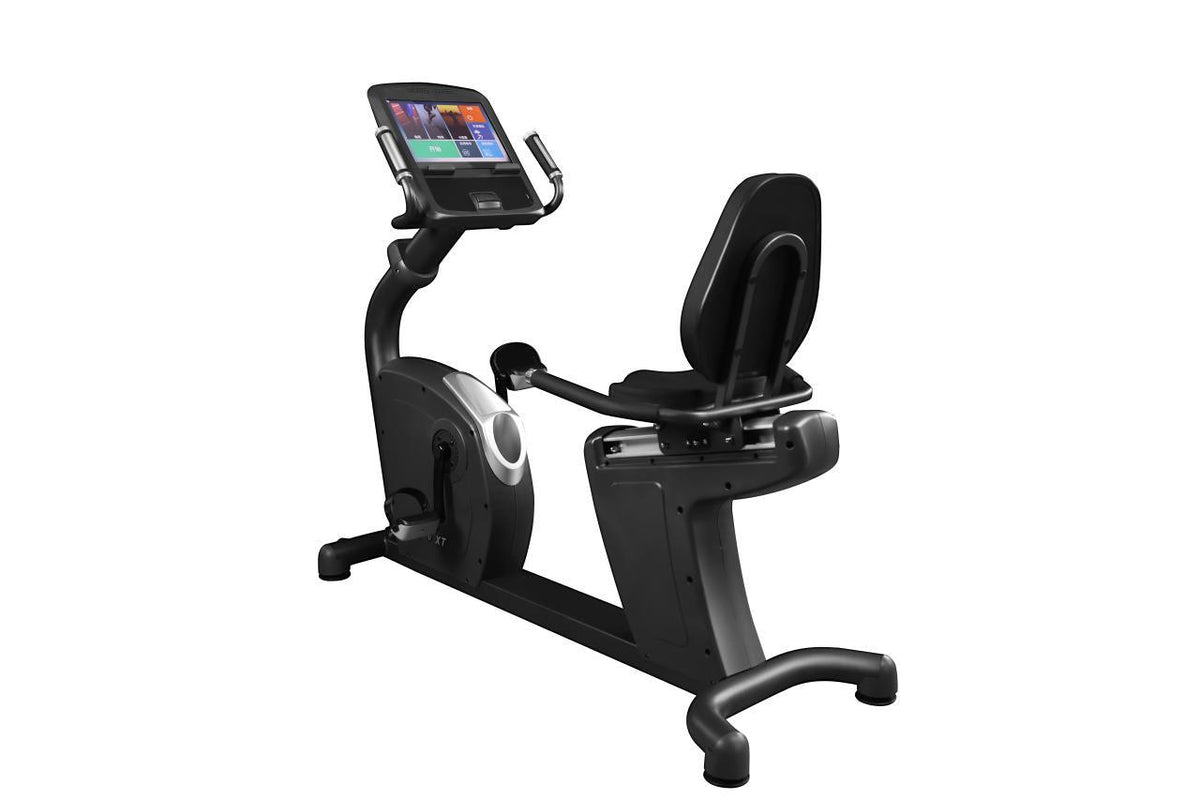 Recumbent exercise bike with large touchscreen console.
