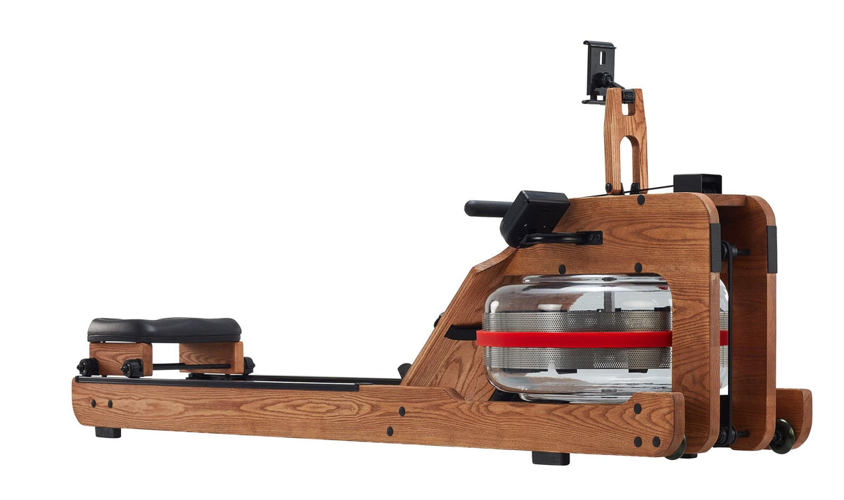 Wooden rowing machine with cushioned seat and visible flywheel housing.