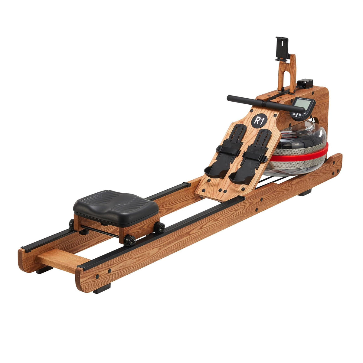 Wooden rowing machine with black seat, foot straps, and flywheel.