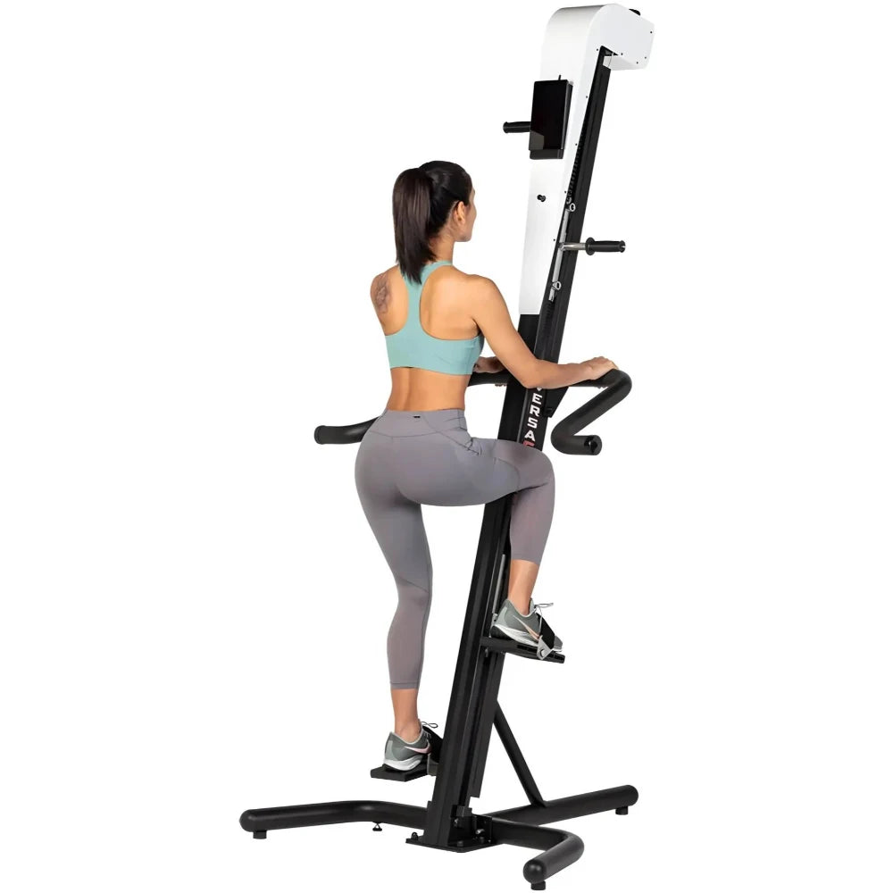 VersaClimber TS Magnetic – woman exercising on white climber showcasing smooth magnetic resistance stride