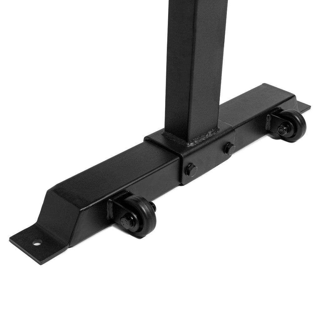 Metal bench base with wheels and mounting plate.