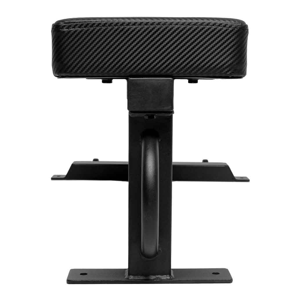 Front view of a carbon-fiber bench seat on a metal pedestal.