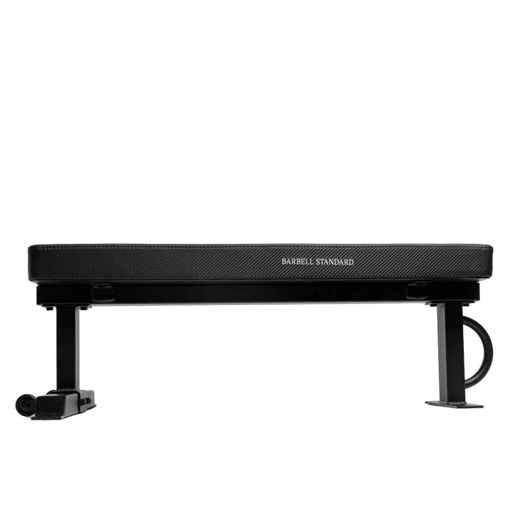 Black padded workout bench with metal legs and a curved bar holder.