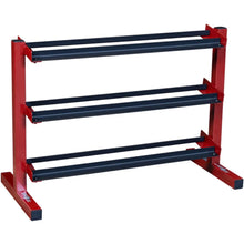 A sturdy red weight rack with three horizontal shelves designed for storing weight plates in a gym or fitness setting.
