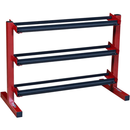 A sturdy red weight rack with three horizontal shelves designed for storing weight plates in a gym or fitness setting.