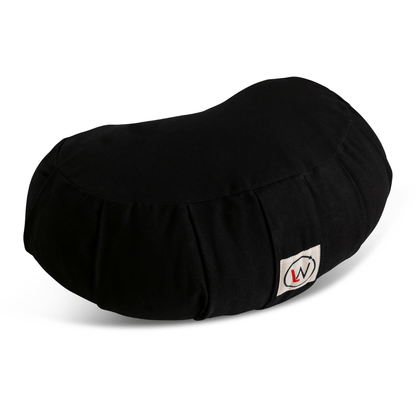 Black rounded cushion with pleated sides and a small tag.
