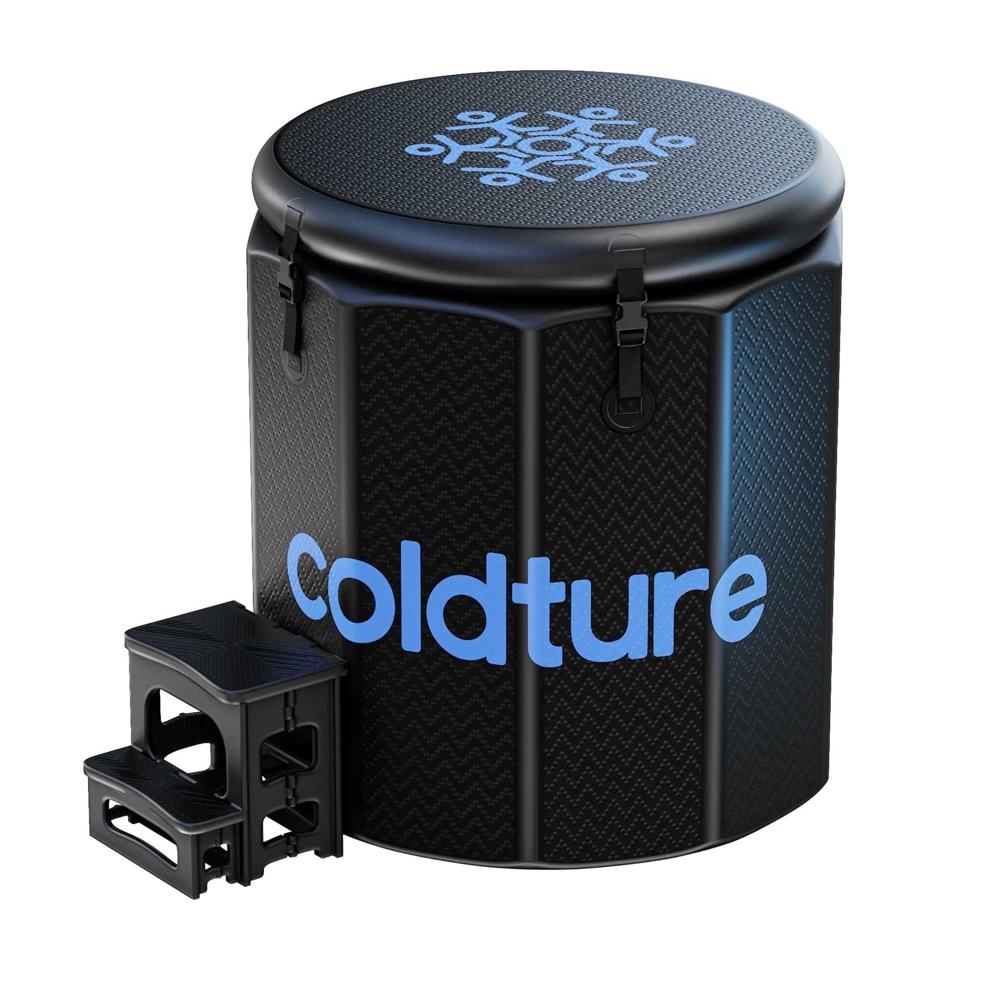 Coldture Barrel + Chiller Pro, a black insulated container with a textured surface and blue logo, accompanied by a stackable black stool.