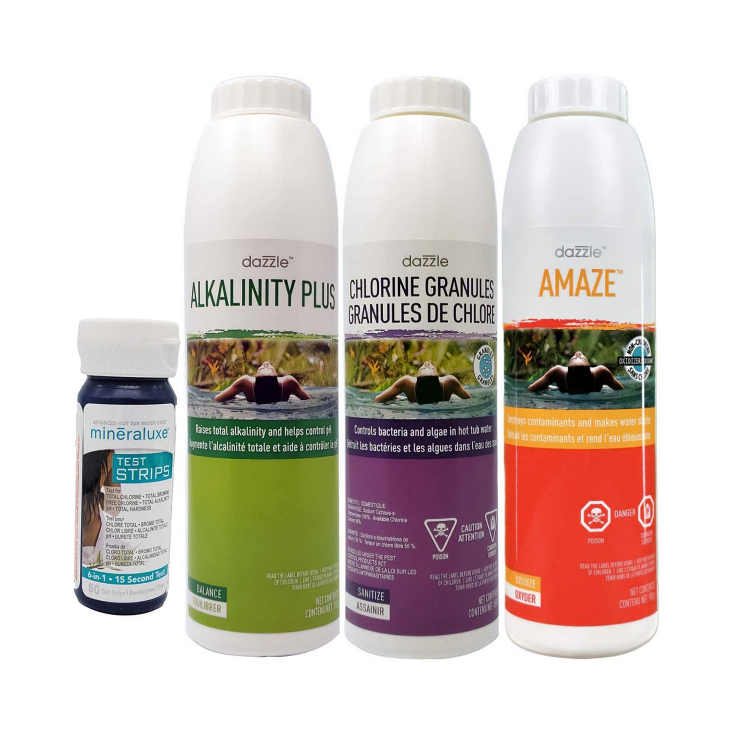Coldture Premium Chemical Starter Pack featuring Dazzle Alkalinity Plus, Dazzle Chlorine Granules, and Dazzle Amaze, along with Mineraluxe Test Strips for water care.