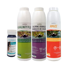 Coldture Premium Chemical Starter Pack featuring Dazzle Alkalinity Plus, Dazzle Chlorine Granules, and Dazzle Amaze, along with Mineraluxe Test Strips for water care.