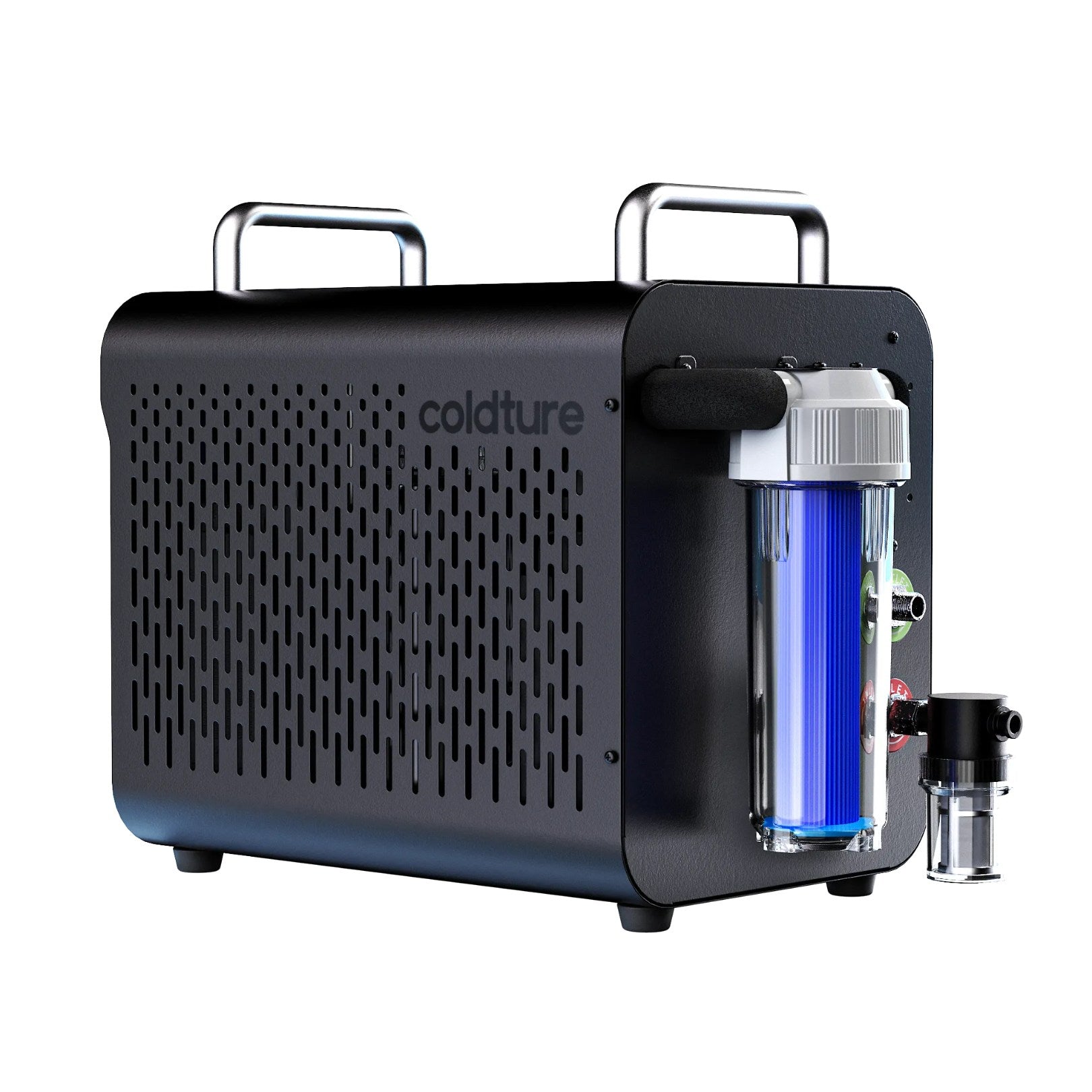 Coldture Water Chiller Pro, a sleek black water chiller with a transparent cooling chamber and control knobs.