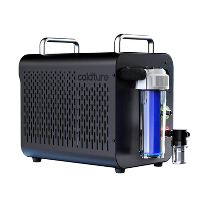 Coldture Water Chiller Pro, a sleek black water chiller with a transparent cooling chamber and control knobs.