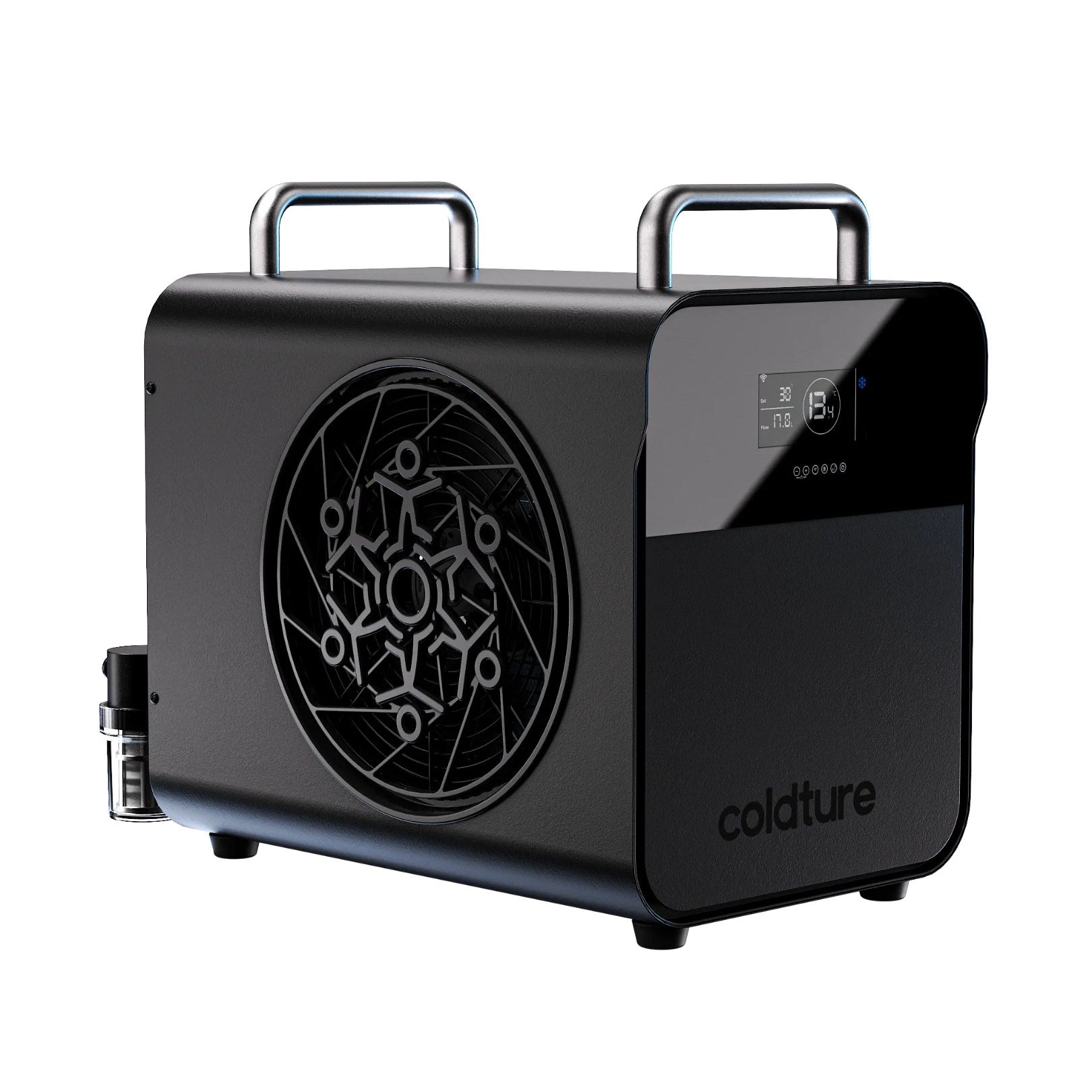 Coldture Water Chiller Pro, a compact black water chiller with a digital display and a distinctive fan design.