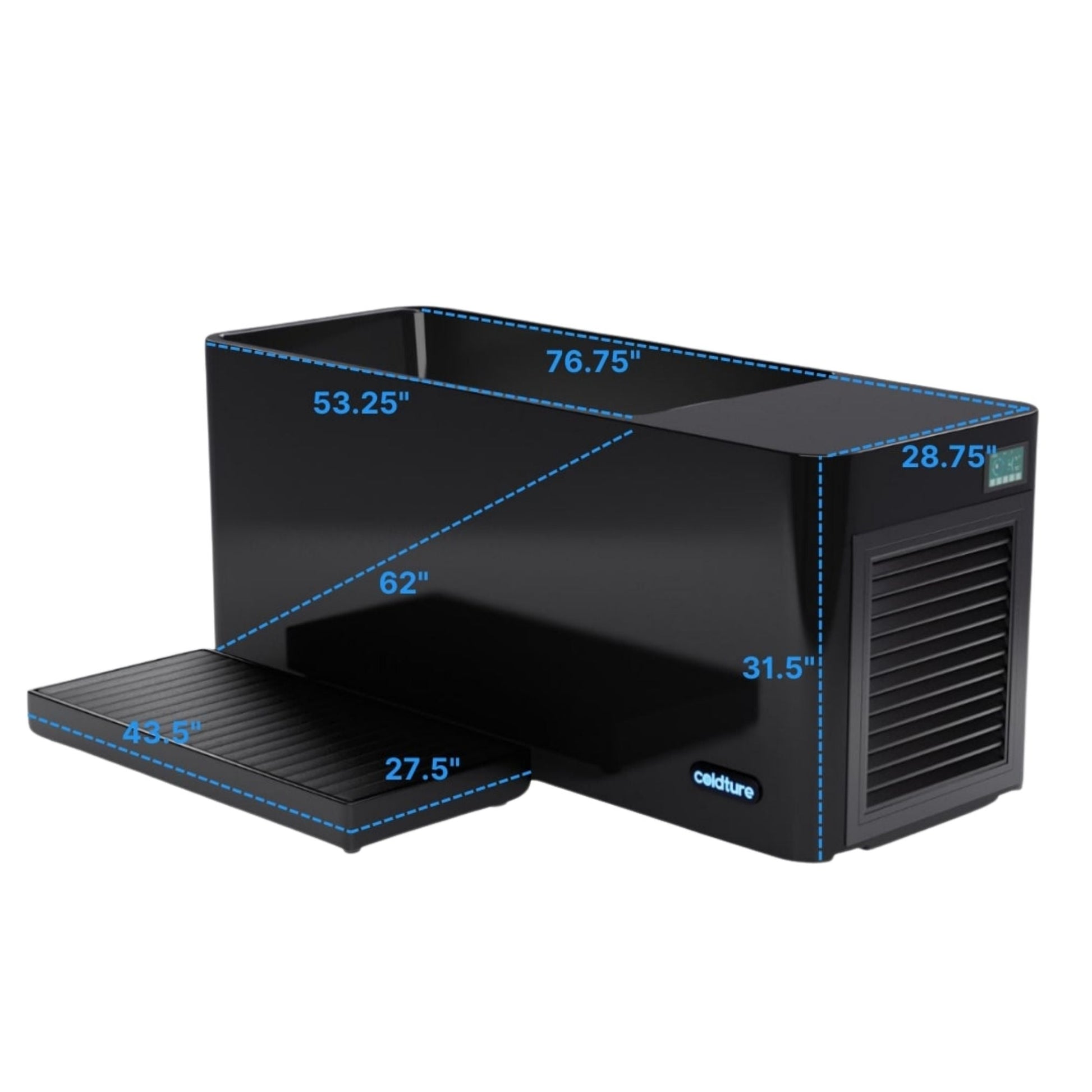 Coldture Pro Plunge, a black plunge tank with dimensions labeled: 76.75 inches length, 62 inches width, 53.25 inches height, and a detachable platform measuring 43.5 inches by 27.5 inches.