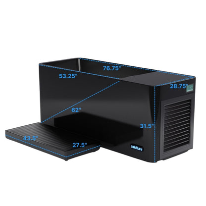 Coldture Pro Plunge, a black plunge tank with dimensions labeled: 76.75 inches length, 62 inches width, 53.25 inches height, and a detachable platform measuring 43.5 inches by 27.5 inches.