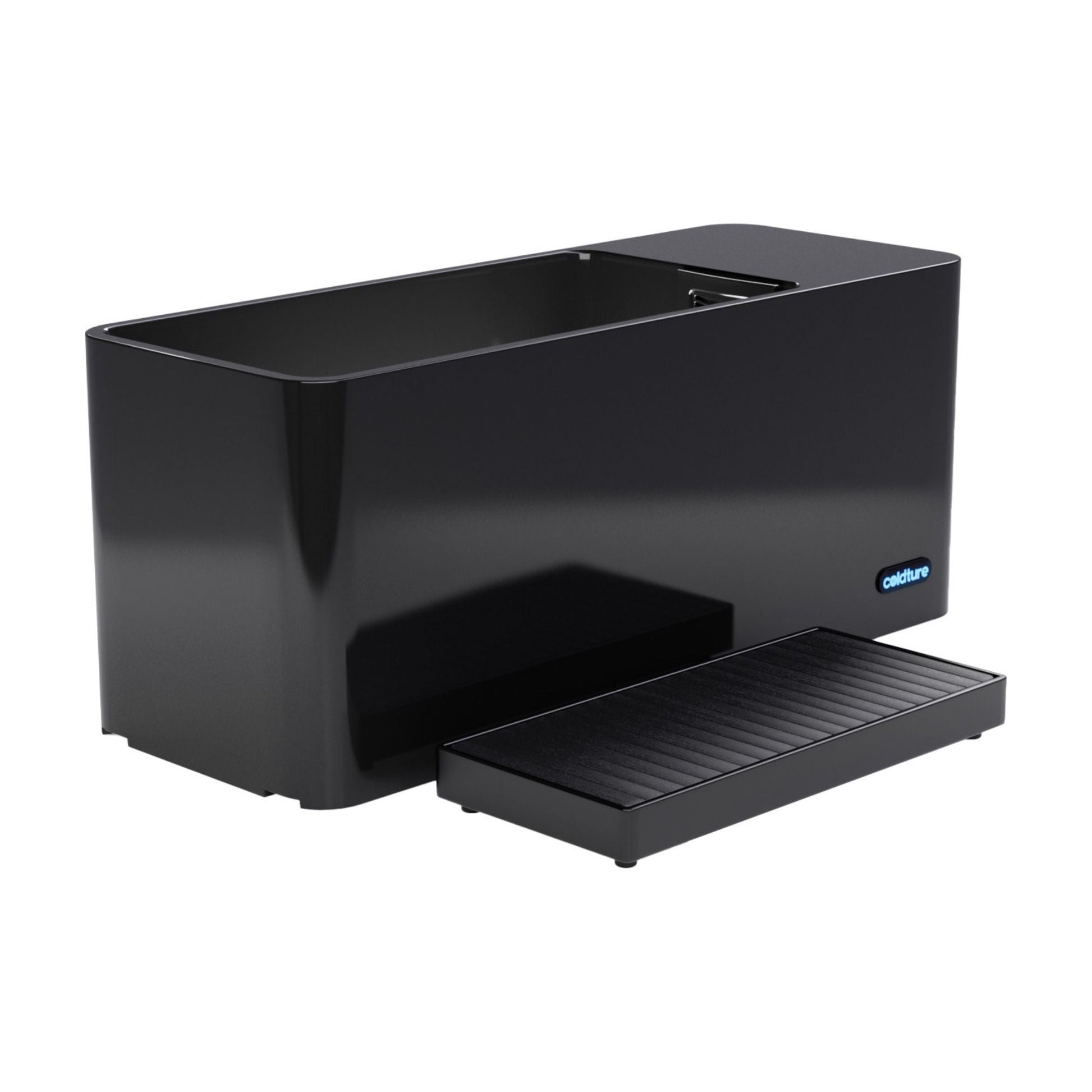 Coldture Pro Plunge, a sleek black plunge tub with a textured step at the front, designed for cold therapy.