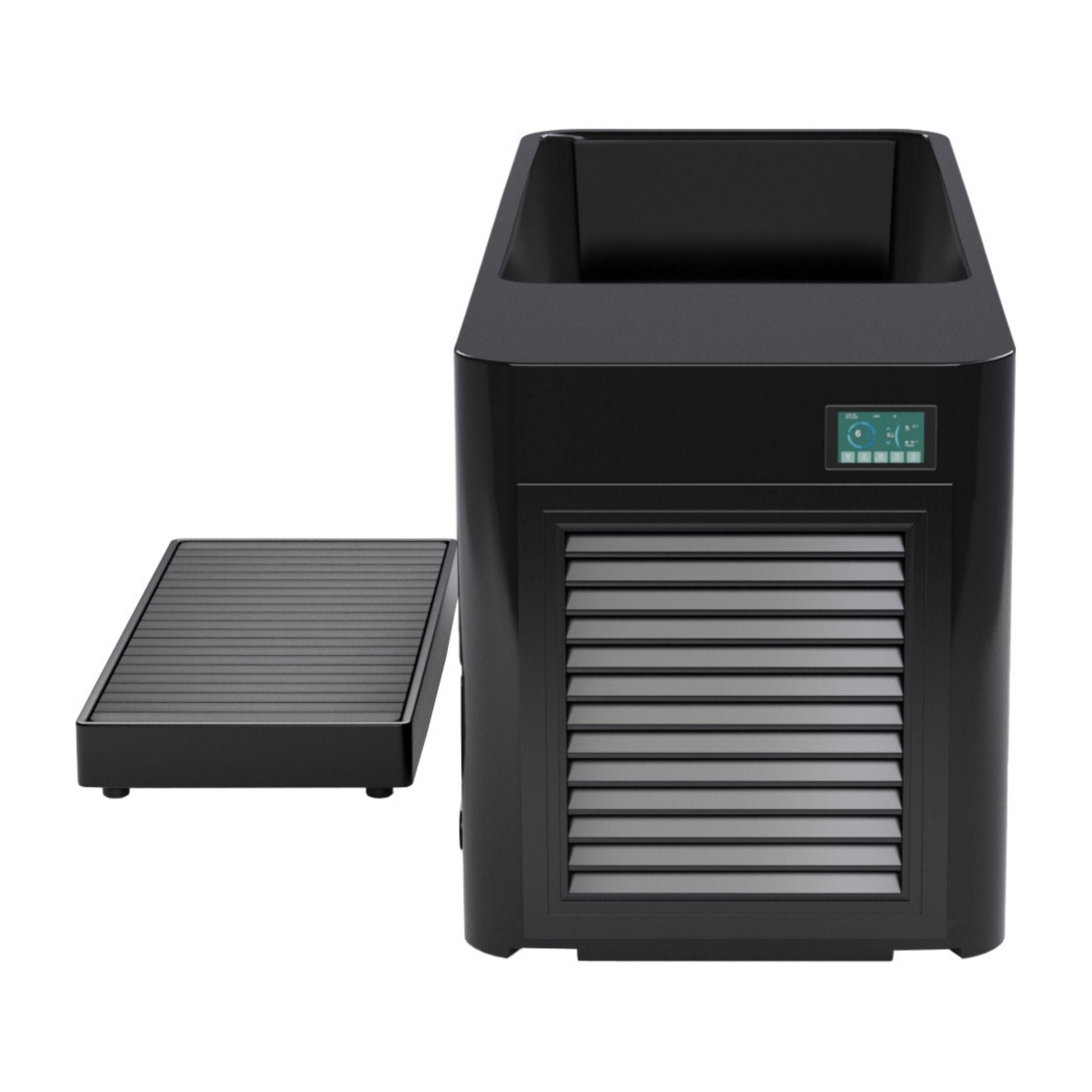 Coldture Pro Plunge, a sleek black ice bath unit with a control panel and a removable drainage tray.