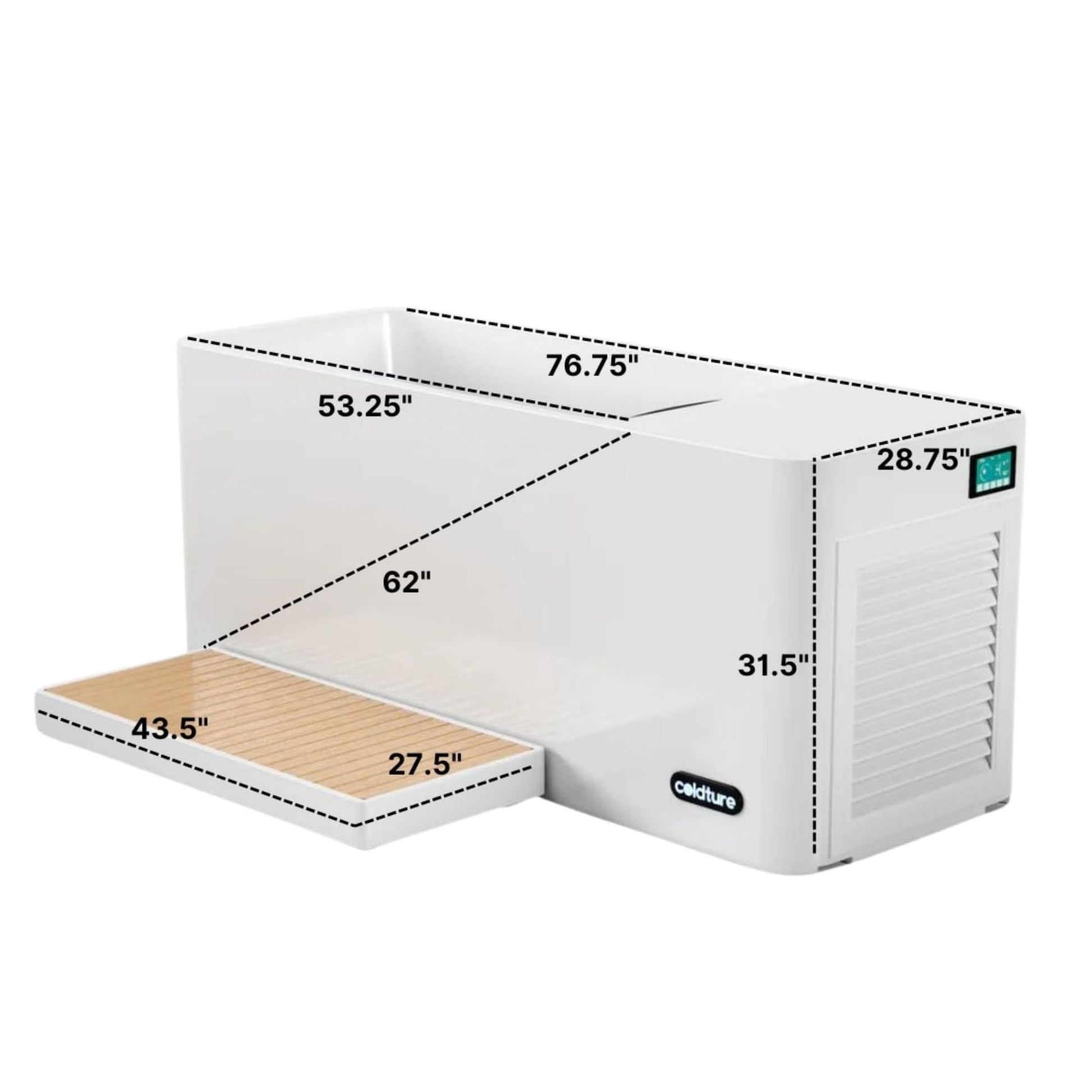Dimensions of the Coldture Pro Plunge, featuring measurements including 76.75 inches in length, 53.25 inches in width, and 28.75 inches in height, with a wooden platform measuring 43.5 inches by 27.5 inches.