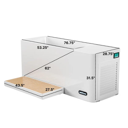 Dimensions of the Coldture Pro Plunge, featuring measurements including 76.75 inches in length, 53.25 inches in width, and 28.75 inches in height, with a wooden platform measuring 43.5 inches by 27.5 inches.