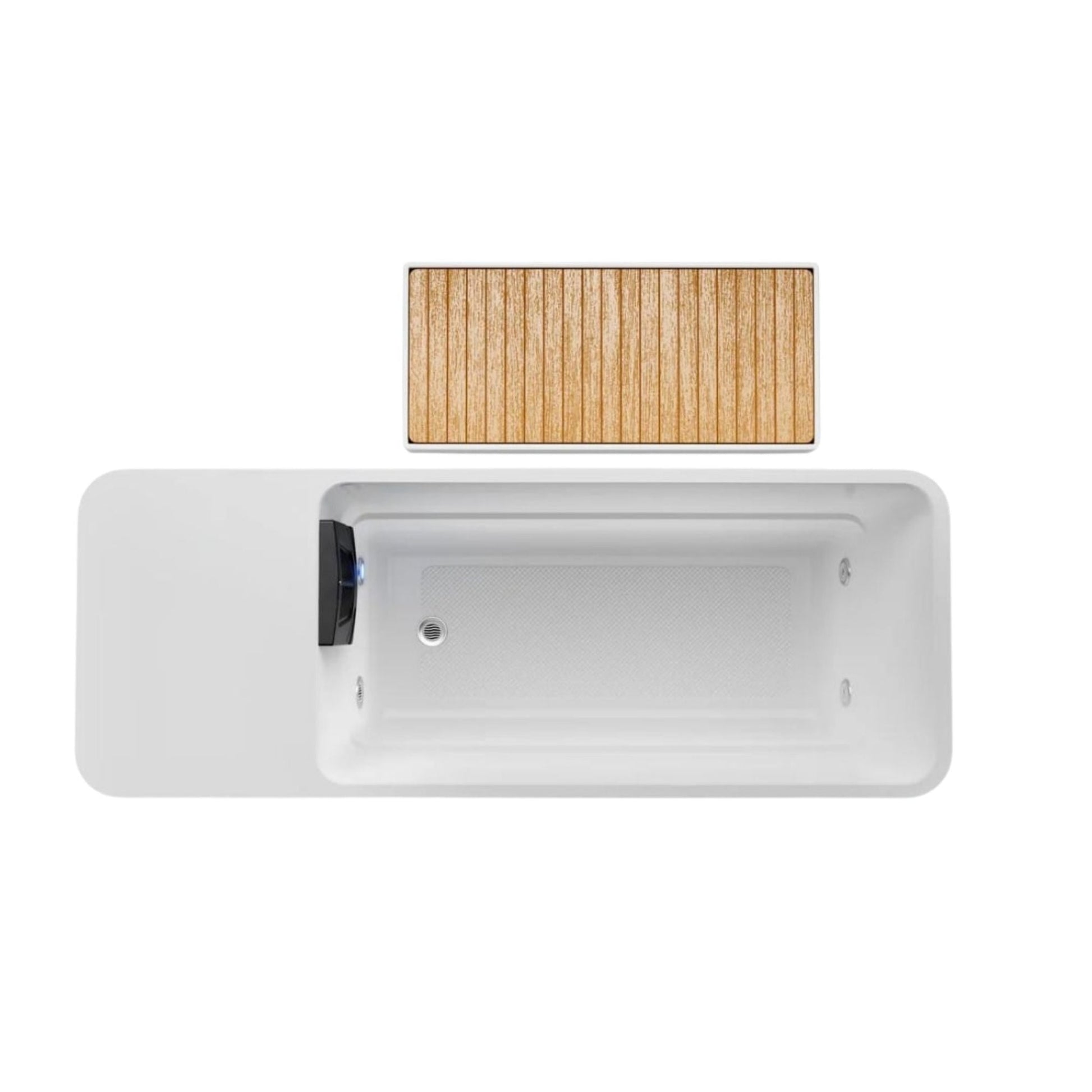 Top view of the Coldture Pro Plunge, featuring a sleek white tub design with a wooden slatted cover.