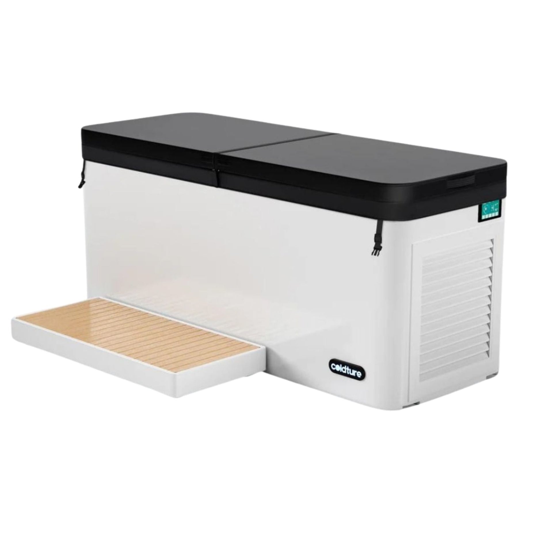 Coldture Pro Plunge, a sleek white and black plunge tub with a wooden platform and digital display.