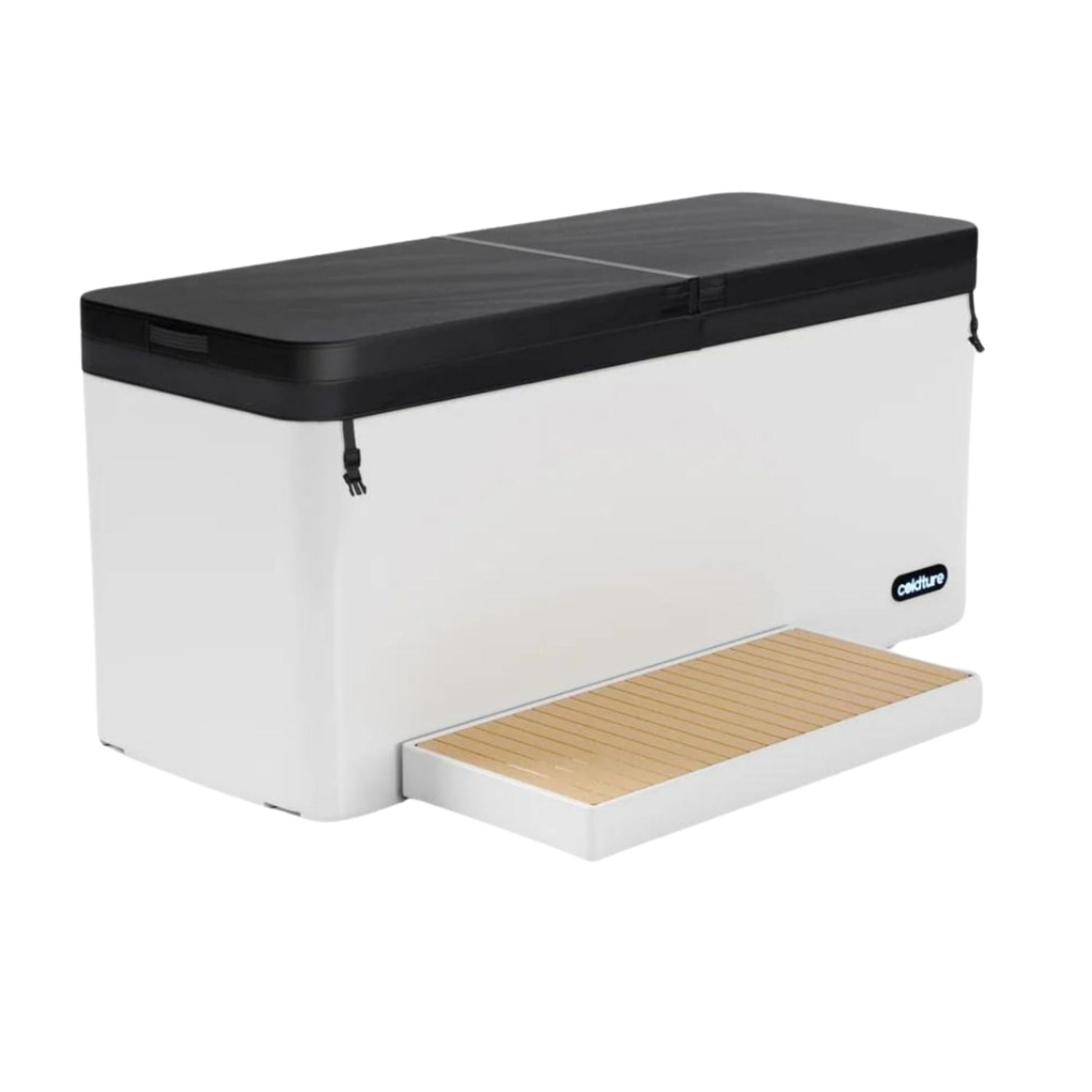 Coldture Pro Plunge, a sleek white cooler with a black lid and a wooden platform for easy access.