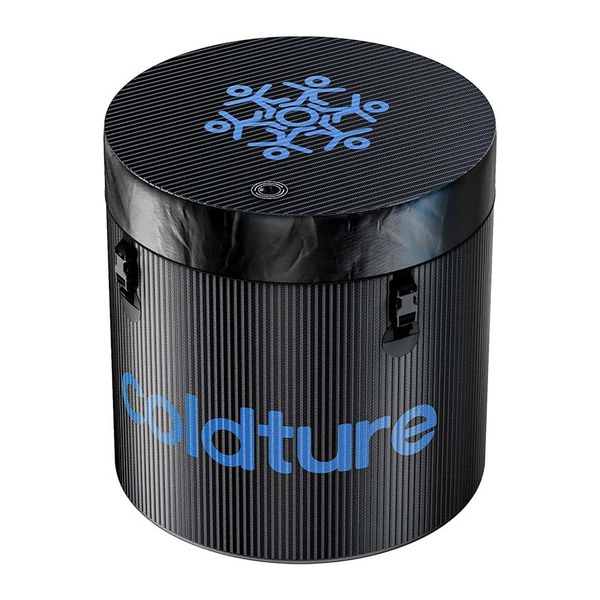 Coldture Ultra Barrel Light, a black cylindrical cooler with a textured surface and blue branding, featuring a snowflake design on the top.