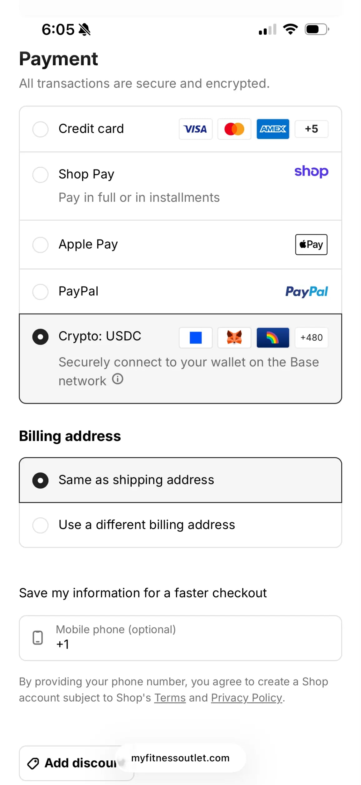 Mobile phone screen showing a checkout payment page with multiple payment options including credit card, Shop Pay, Apple Pay, PayPal, and Crypto USDC selected with wallet connection icons.