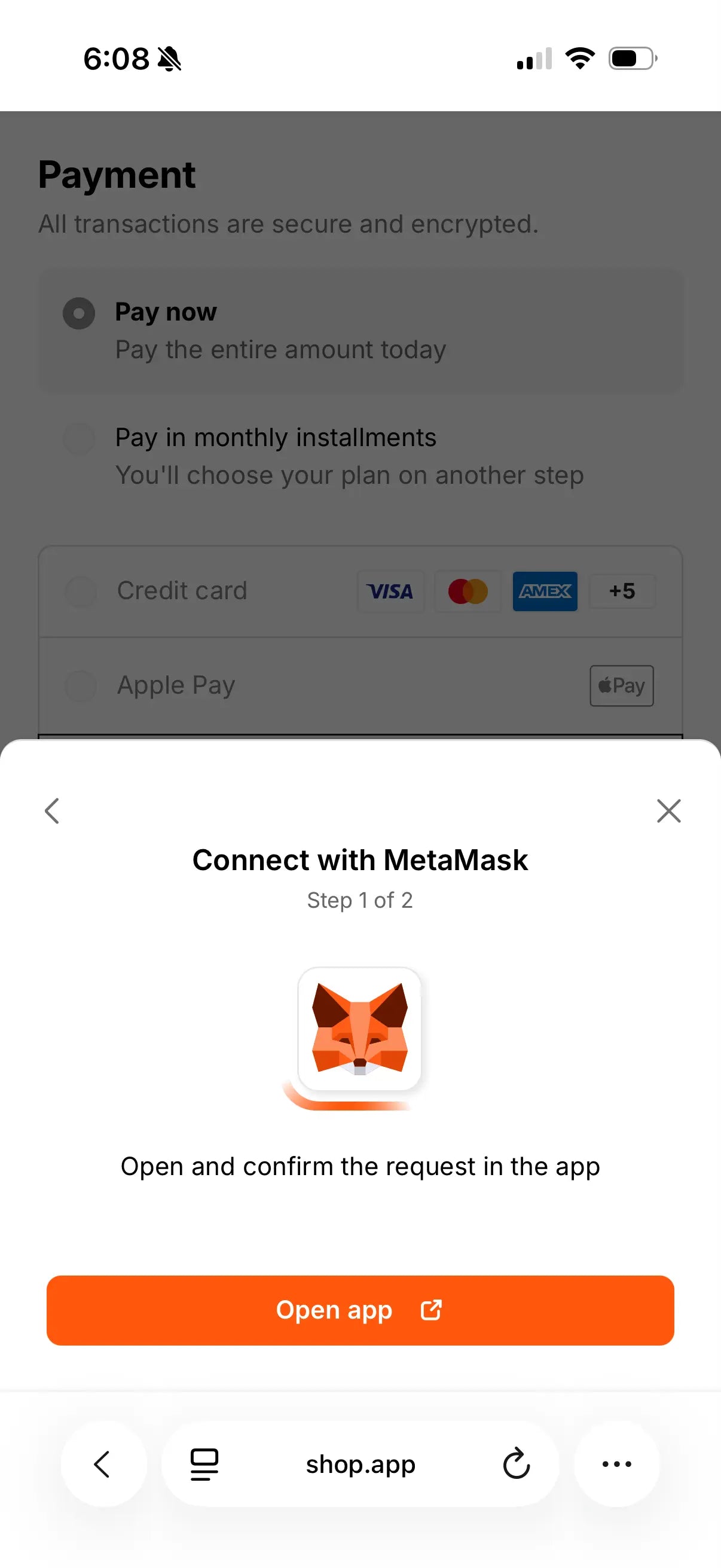 Mobile payment screen showing a "Connect with MetaMask" dialog overlay on a payment options page, with the MetaMask fox logo icon and an orange "Open app" button.