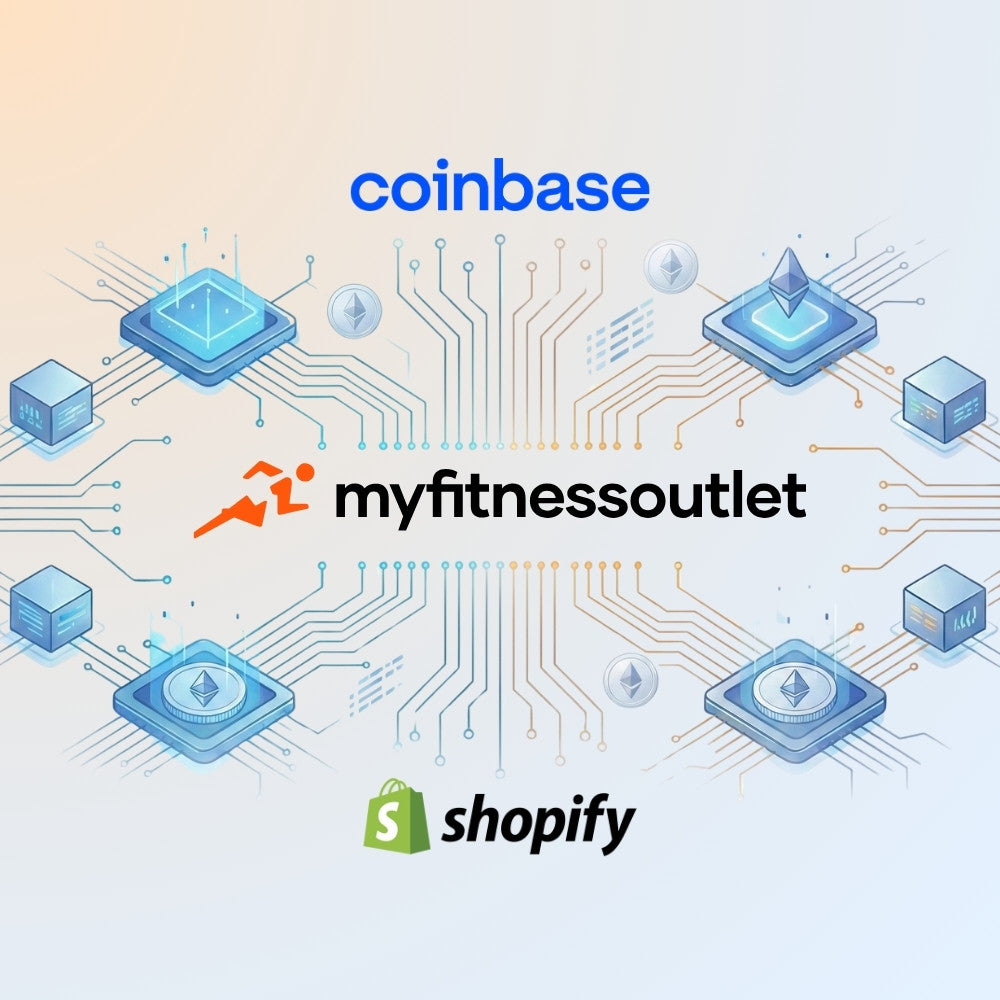 Illustration of a digital network with Coinbase, MyFitnessOutlet, and Shopify logos connected by circuit board pathways and ethereum symbols on a light blue background.