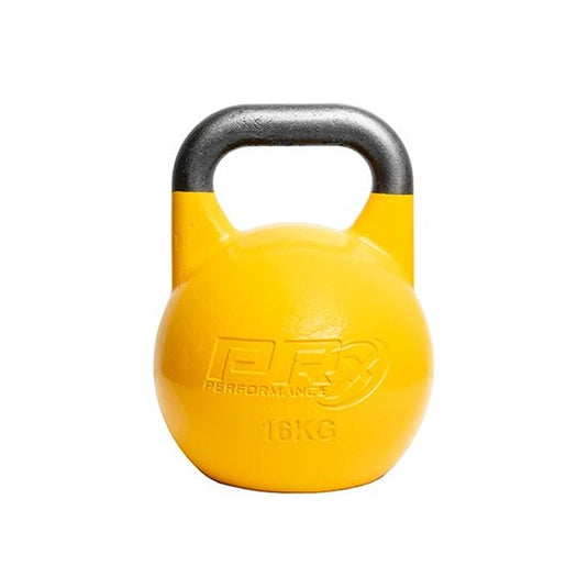 Yellow kettlebell with gray handle, 16 kg, gym weight.