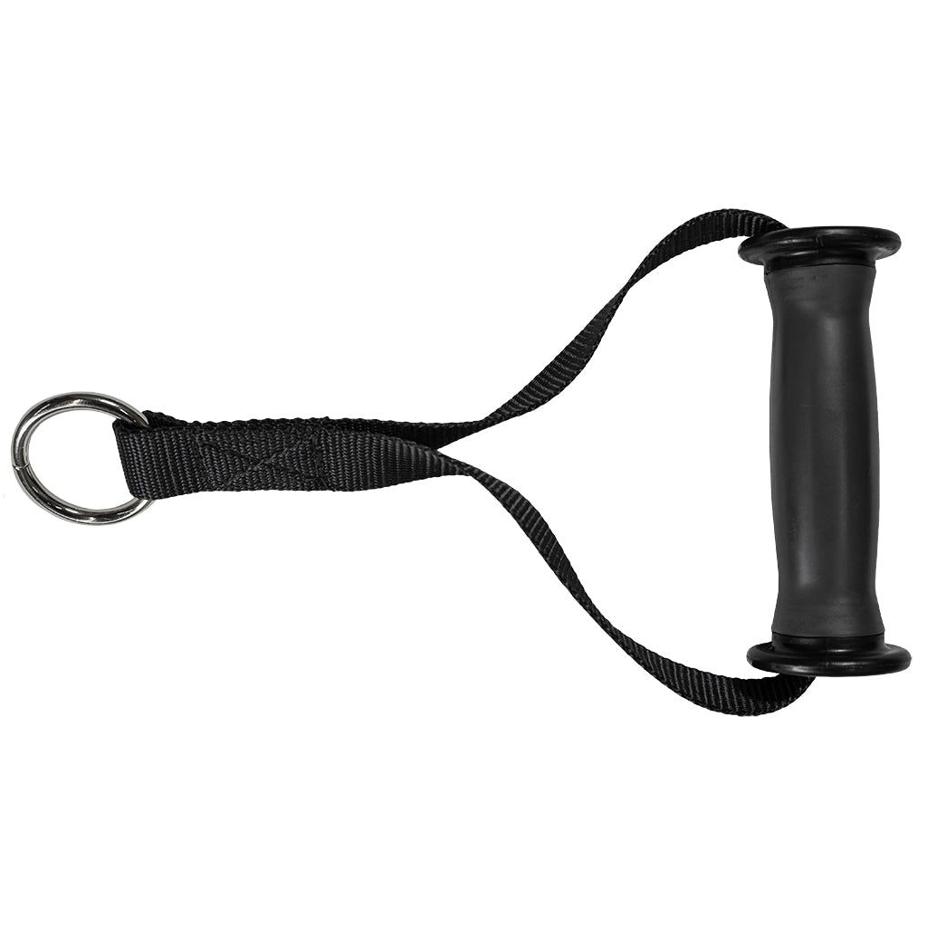 Black hand grip trainer with a strap and metal ring.