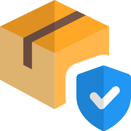 Cardboard shipping box in tan and orange with brown tape, next to a blue shield with white checkmark symbol.