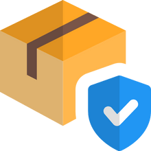 Cardboard shipping box in tan and orange with brown tape, next to a blue shield with white checkmark symbol.