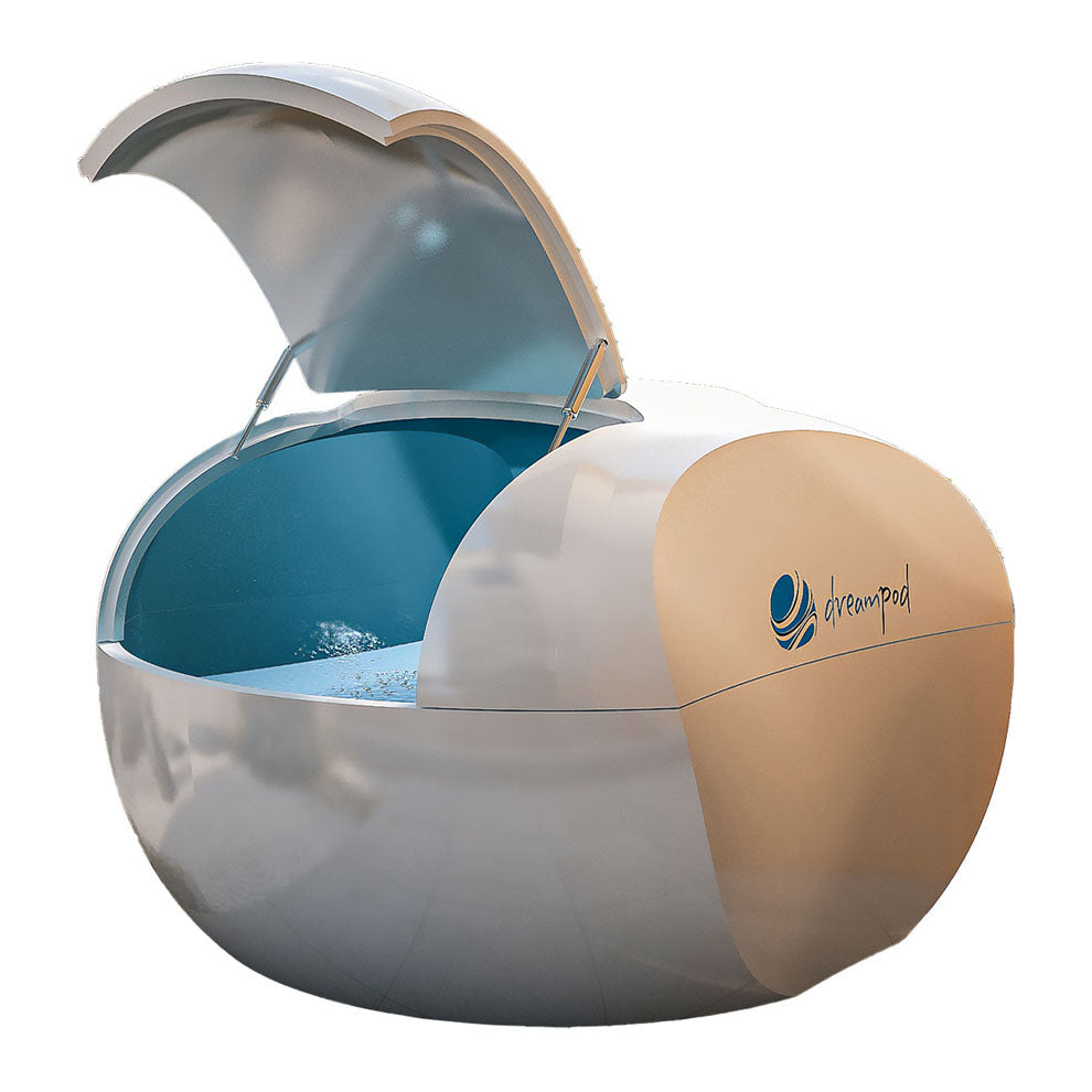 Dreampod Home Float Plus, a modern floating therapy pod with a sleek design and an open lid, showcasing a tranquil blue interior filled with water.
