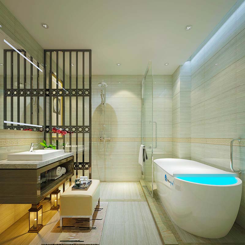 Modern bathroom featuring a sleek design with a Dreampod Home Float Pro bath, stylish sink, and elegant decor elements.