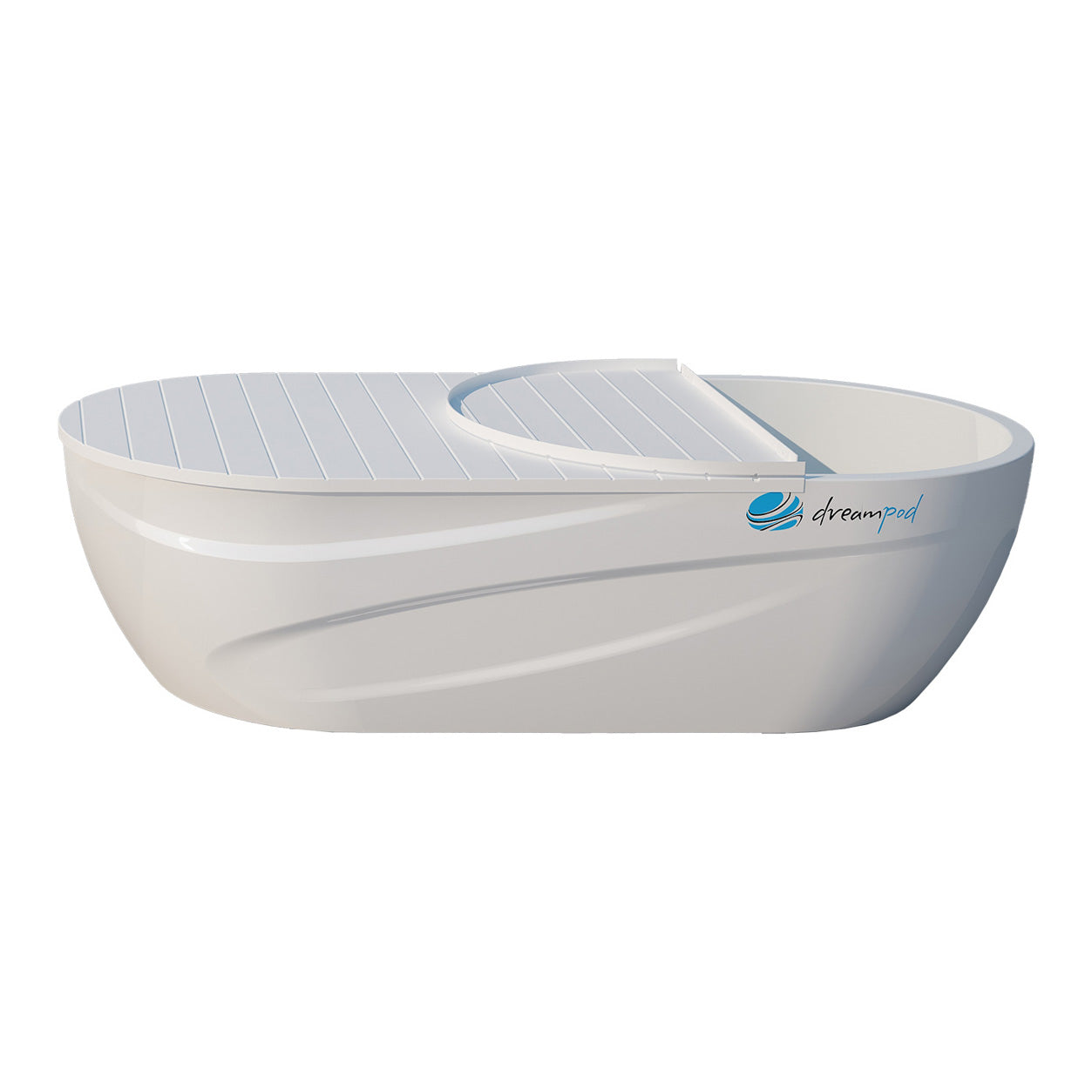 Dreampod Home Float Pro, a sleek white floatation pod with a smooth surface and curved design, ideal for relaxation and sensory deprivation.