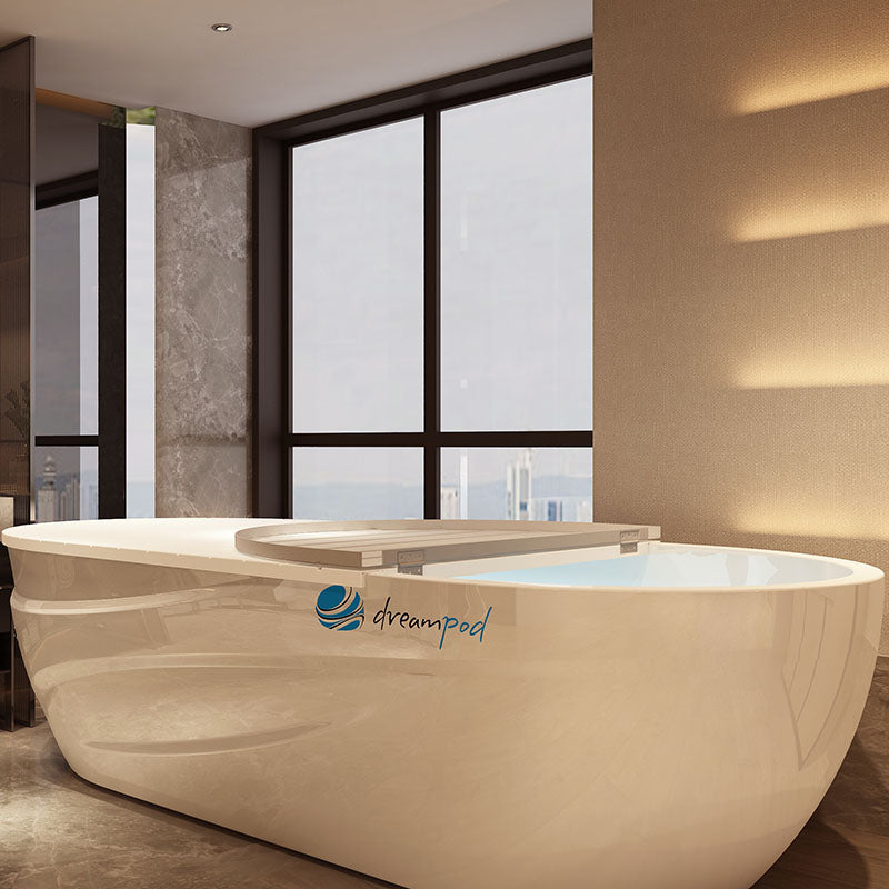 Dreampod Home Float Pro bathtub in a modern bathroom with large windows and a stylish interior design.