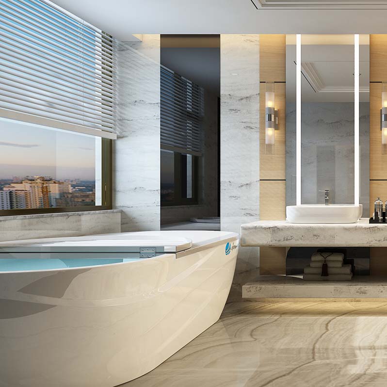 Modern bathroom featuring the Dreampod Home Float Pro bathtub, with elegant marble finishes, large windows, and stylish lighting.