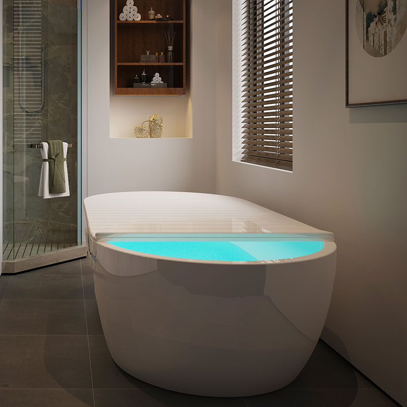 Modern bathroom featuring the Dreampod Home Float Pro, a sleek floating tub with a soothing blue water surface, set against a stylish backdrop of a shower and decorative shelves.